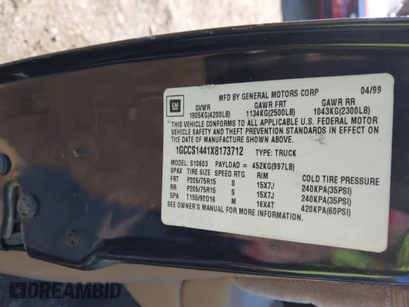 ✅ 1999 Chevrolet S-10 • VIN: 1GCCS1441X8173712 • Лот: 41373988. Опубликован ранее на IAAI с пробегом 163 108 миль. Бесплатный доступ к архиву аукционных продаж из США и подробный отчёт об истории автомобиля на DreamBid. Изображение 9.