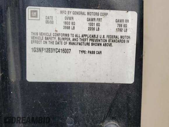 ✅ 2000 Oldsmobile Alero GLS • VIN: 1G3NF12E3YC416007 • Лот: 76420864. Опубликован ранее на Copart с пробегом 161 678 миль. Бесплатный доступ к архиву аукционных продаж из США и подробный отчёт об истории автомобиля на DreamBid. Изображение 12.