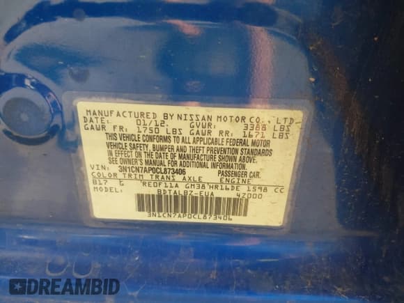 ✅ 2012 Nissan Versa SV • VIN: 3N1CN7AP0CL873406 • Lot: 42347950. Listed on IAAI with 139,260 mi. Free auction sales archive from the USA and detailed vehicle history report at DreamBid. Image 9.