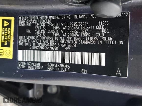 ✅ 2012 Toyota Highlander • VIN: 5TDBK3EH7CS170988 • Lot: 93801065. Wystawiony na Copart z przebiegiem 223 708 mil. Bezpłatny archiwum sprzedaży aukcyjnych z USA i szczegółowy raport historii pojazdu na DreamBid. Zdjęcie 13.