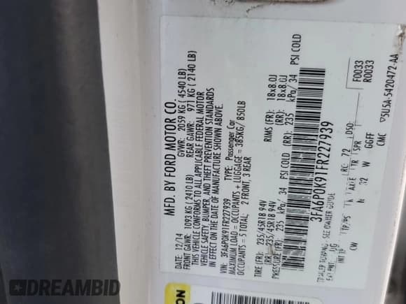 ✅ 2015 Ford Fusion Titanium • VIN: 3FA6P0K91FR227939 • Лот: 84010745. Опубликован ранее на Copart с пробегом 119 547 миль. Бесплатный доступ к архиву аукционных продаж из США и подробный отчёт об истории автомобиля на DreamBid. Изображение 12.