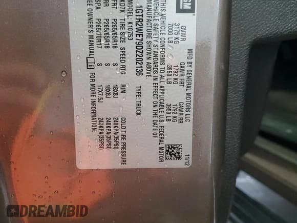 ✅ 2013 GMC Sierra 1500 SLT • VIN: 1GTR2WE79DZ202136 • Lot: 60446845. Listed on Copart with 121,138 mi. Free auction sales archive from the USA and detailed vehicle history report at DreamBid. Image 13.