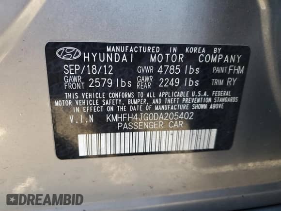 2013 Hyundai Azera с VIN KMHFH4JG0DA205402, выставлен на аукционе Copart как лот 42807555 с пробегом Не указан миль и Списание • Salvage title. История ставок и продаж доступна на DreamBid. Изображение 12.