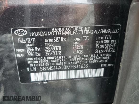 ✅ 2021 Hyundai Santa Fe SE • VIN: 5NMS14AJ0MH334653 • Lot: 51616905. Listed on Copart with Not provided. Free auction sales archive from the USA and detailed vehicle history report at DreamBid. Image 14.