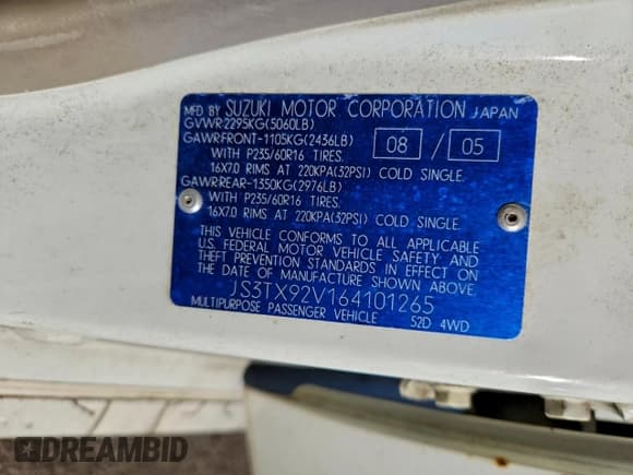 ✅ 2006 Suzuki XL7 • VIN: JS3TX92V164101265 • Лот: 93547705. Опубликован ранее на Copart с пробегом 137 593 миль. Бесплатный доступ к архиву аукционных продаж из США и подробный отчёт об истории автомобиля на DreamBid. Изображение 13.