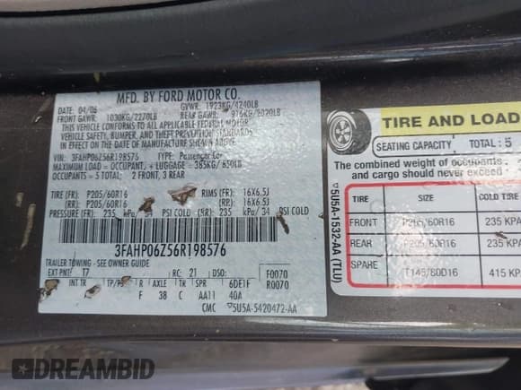 ✅ 2006 Ford Fusion S • VIN: 3FAHP06Z56R198576 • Лот: 42728846. Опубликован ранее на IAAI с пробегом 168 876 миль. Бесплатный доступ к архиву аукционных продаж из США и подробный отчёт об истории автомобиля на DreamBid. Изображение 9.