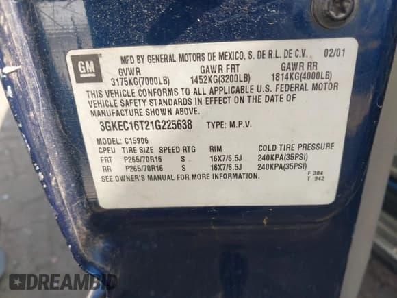 ✅ 2001 GMC Yukon XL SLT • VIN: 3GKEC16T21G225638 • Lot: 41917916. Listed on IAAI with 271,249 mi. Free auction sales archive from the USA and detailed vehicle history report at DreamBid. Image 9.