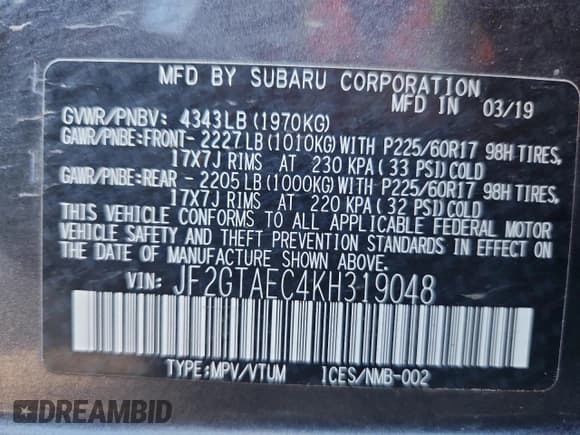 ✅ 2019 Subaru Crosstrek Premium • VIN: JF2GTAEC4KH319048 • Lot: 89437645. Listed on Copart with 86,815 mi. Free auction sales archive from the USA and detailed vehicle history report at DreamBid. Image 12.