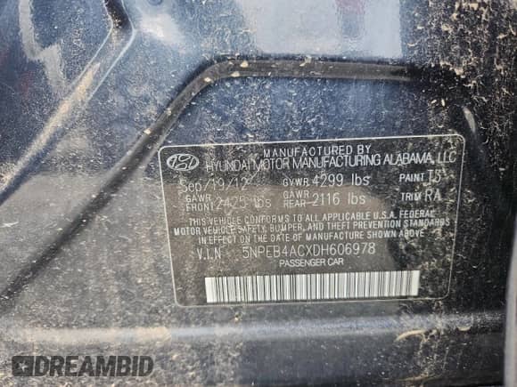 2013 Hyundai Sonata GLS with VIN 5NPEB4ACXDH606978, listed as a Copart auction lot 84538745 with 169,692 mi miles and Clean title. Bid and sale history available at DreamBid. Image 12.