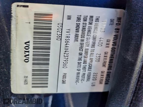 ✅ 2004 Volvo S60 • VIN: YV1RS64AX42379360 • Lot: 94478165. Wystawiony na Copart z przebiegiem 157 503 mil. Bezpłatny archiwum sprzedaży aukcyjnych z USA i szczegółowy raport historii pojazdu na DreamBid. Zdjęcie 12.