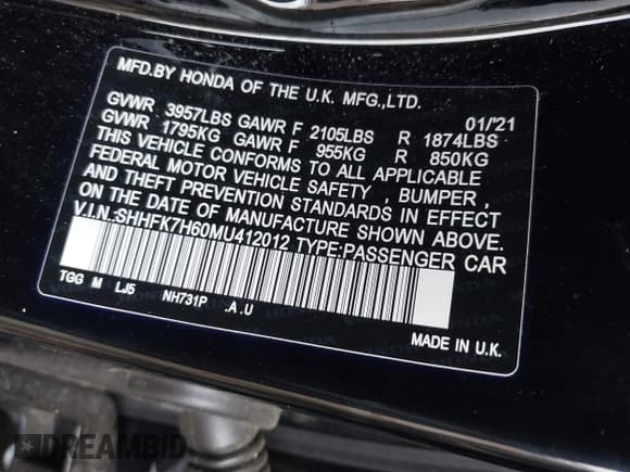 ✅ 2021 Honda Civic EX • VIN: SHHFK7H60MU412012 • Лот: 43231208. Опубликован ранее на IAAI с пробегом 47 631 миль. Бесплатный доступ к архиву аукционных продаж из США и подробный отчёт об истории автомобиля на DreamBid. Изображение 9.