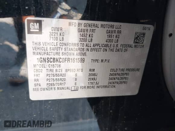 2015 Chevrolet Tahoe LT with VIN 1GNSCBKC0FR161589, listed as a IAAI auction lot 43190542 with 188,450 mi miles and . Bid and sale history available at DreamBid. Image 9.