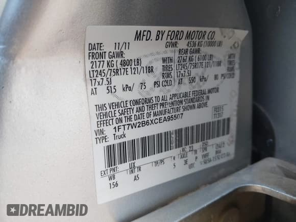 ✅ 2012 Ford F-250 XL • VIN: 1FT7W2B6XCEA95507 • Lot: 42813156. Listed on IAAI with 146,356 mi. Free auction sales archive from the USA and detailed vehicle history report at DreamBid. Image 9.