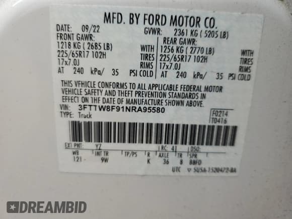 ✅ 2022 Ford Maverick XL • VIN: 3FTTW8F91NRA95580 • Lot: 70714915. Wystawiony na Copart z przebiegiem 56 652 mil. Bezpłatny archiwum sprzedaży aukcyjnych z USA i szczegółowy raport historii pojazdu na DreamBid. Zdjęcie 12.