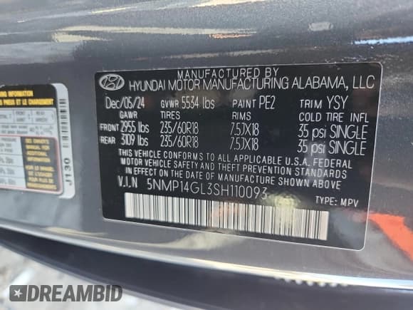✅ 2025 Hyundai Santa Fe SE • VIN: 5NMP14GL3SH110093 • Lot: 62603005. Listed on Copart with 6,931 mi. Free auction sales archive from the USA and detailed vehicle history report at DreamBid. Image 13.