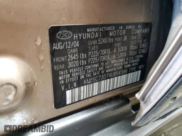 ✅ 2004 Hyundai Santa Fe GLS • VIN: KM8SC73D74U854386 • Лот: 48880465. Размещён на Copart с пробегом 79 021 миль миль. Получите бесплатный доступ к архиву аукционных продаж из США и посмотрите подробный отчёт об истории автомобиля на DreamBid. Изображение 12.