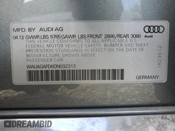 ✅ 2013 Audi A8 3.0L • VIN: WAUAGAFD6DN032313 • Lot: 65157945. Listed on Copart with 100,194 mi. Free auction sales archive from the USA and detailed vehicle history report at DreamBid. Image 12.