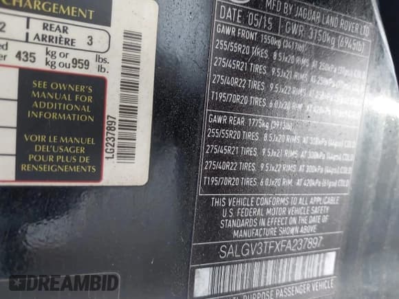 ✅ 2015 Land Rover Range Rover Autobiography • VIN: SALGV3TFXFA237897 • Lot: 42149731. Listed on IAAI with 138,772 mi. Free auction sales archive from the USA and detailed vehicle history report at DreamBid. Image 9.