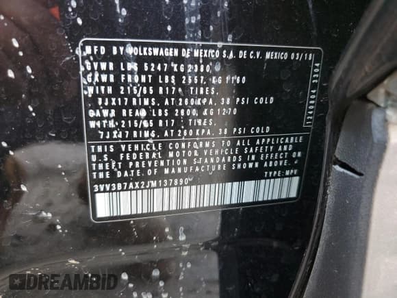 ✅ 2018 Volkswagen Tiguan SEL • VIN: 3VV3B7AX2JM137890 • Лот: 48318645. Опубликован ранее на Copart с пробегом 112 602 миль. Бесплатный доступ к архиву аукционных продаж из США и подробный отчёт об истории автомобиля на DreamBid. Изображение 13.