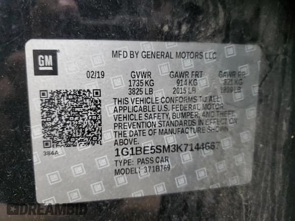 ✅ 2019 Chevrolet Cruze LT • VIN: 1G1BE5SM3K7144667 • Lot: 73047282. Listed on Copart with 61,801 mi. Free auction sales archive from the USA and detailed vehicle history report at DreamBid. Image 12.