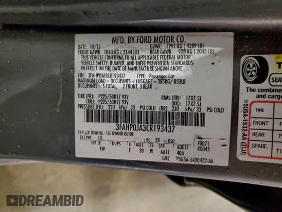 ✅ 2012 Ford Fusion SEL • VIN: 3FAHP0JA3CR193437 • Lot: 95348695. Listed on Copart with 221,563 mi. Free auction sales archive from the USA and detailed vehicle history report at DreamBid. Image 12.