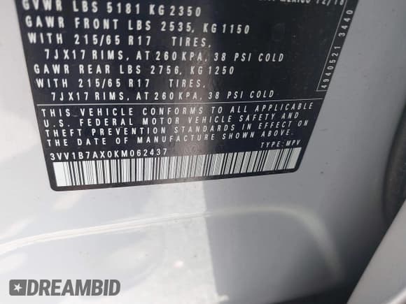 ✅ 2019 Volkswagen Tiguan S • VIN: 3VV1B7AX0KM062437 • Lot: 41906720. Listed on IAAI with 45,157 mi. Free auction sales archive from the USA and detailed vehicle history report at DreamBid. Image 9.