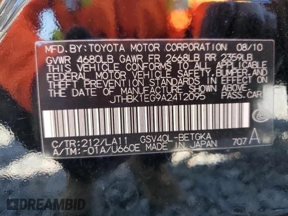 ✅ 2010 Lexus ES 330 • VIN: JTHBK1EG9A2412095 • Лот: 89901135. Опубликован ранее на Copart с пробегом Не указан. Бесплатный доступ к архиву аукционных продаж из США и подробный отчёт об истории автомобиля на DreamBid. Изображение 12.