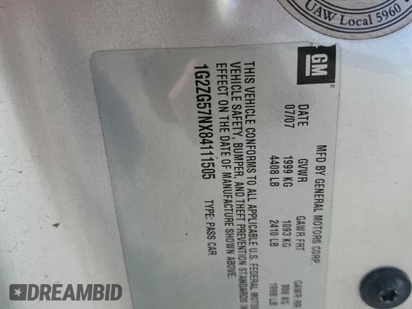 ✅ 2008 Pontiac G6 • VIN: 1G2ZG57NX84111505 • Lot: 80787935. Listed on Copart with Not provided. Free auction sales archive from the USA and detailed vehicle history report at DreamBid. Image 12.