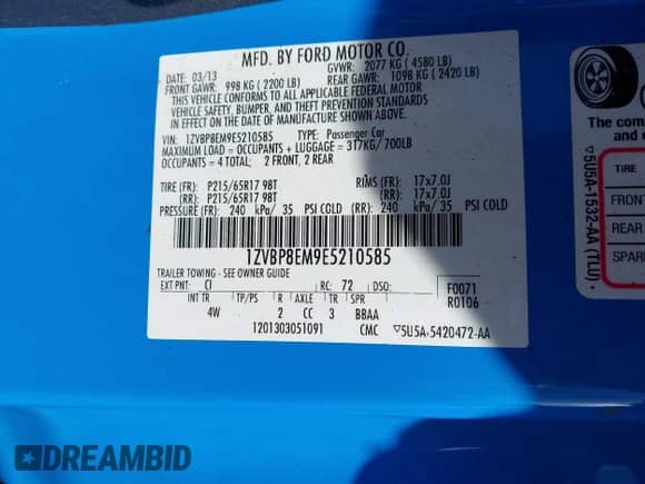 2014 Ford Mustang V6 с VIN 1ZVBP8EM9E5210585, выставлен на аукционе IAAI как лот 41815769 с пробегом Не указан миль и . История ставок и продаж доступна на DreamBid. Изображение 9.