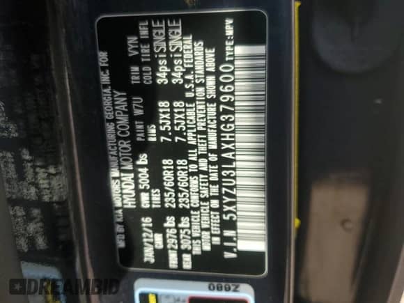 2017 Hyundai Santa Fe 2.0T z VIN 5XYZU3LAXHG379600, wystawiony jako Copart lot #71820035 z przebiegiem Nie podano mil oraz Czysty tytuł • Clean title. Historia ofert i sprzedaży dostępna na DreamBid. Obrazek 13.