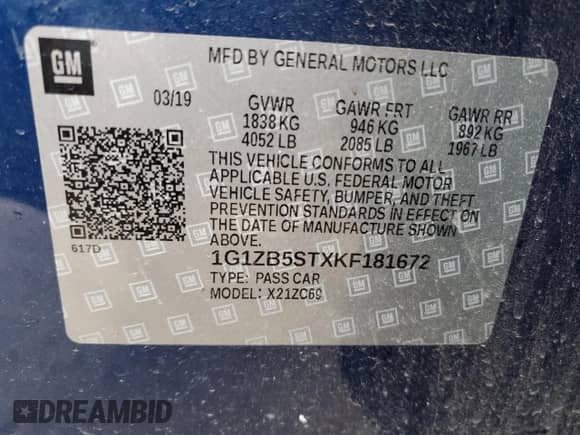 2019 Chevrolet Malibu LS z VIN 1G1ZB5STXKF181672, wystawiony jako Copart lot #43803535 z przebiegiem 106 580 mil mil oraz Nie do naprawy • Non repairable. Historia ofert i sprzedaży dostępna na DreamBid. Obrazek 12.