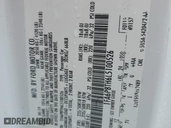 ✅ 2020 Ford Mustang EcoBoost • VIN: 1FA6P8TH6L5100526 • Lot: 82256175. Listed on Copart with 65,957 mi. Free auction sales archive from the USA and detailed vehicle history report at DreamBid. Image 12.