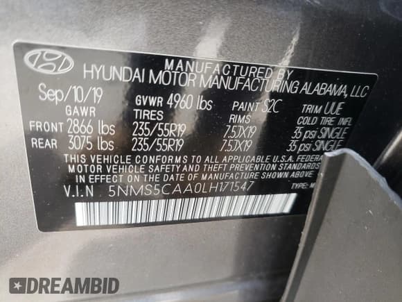 ✅ 2020 Hyundai Santa Fe Limited • VIN: 5NMS5CAA0LH171547 • Lot: 48037482. Listed on Copart with 23,235 mi. Free auction sales archive from the USA and detailed vehicle history report at DreamBid. Image 10.