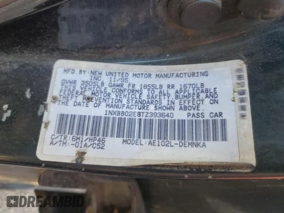 ✅ 1996 Toyota Corolla DX • VIN: 1NXBB02E8TZ393640 • Lot: 85183485. Wystawiony na Copart z przebiegiem 187 032 mil. Bezpłatny archiwum sprzedaży aukcyjnych z USA i szczegółowy raport historii pojazdu na DreamBid. Zdjęcie 12.