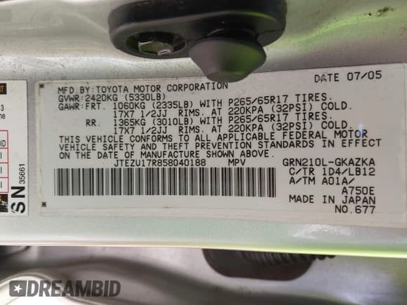 ✅ 2005 Toyota 4Runner Limited • VIN: JTEZU17R858040188 • Лот: 43660606. Опубликован ранее на IAAI с пробегом 228 193 миль. Бесплатный доступ к архиву аукционных продаж из США и подробный отчёт об истории автомобиля на DreamBid. Изображение 9.