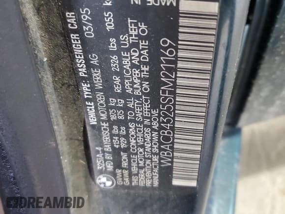 ✅ 1995 BMW 3 Series 325i • VIN: WBACB4325SFM21169 • Lot: 70311895. Listed on Copart with 95,130 mi. Free auction sales archive from the USA and detailed vehicle history report at DreamBid. Image 12.