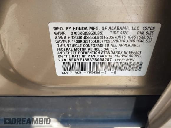 ✅ 2007 Honda Pilot EX-L • VIN: 5FNYF18537B008287 • Lot: 43116979. Wystawiony na IAAI z przebiegiem 152 663 mil. Bezpłatny archiwum sprzedaży aukcyjnych z USA i szczegółowy raport historii pojazdu na DreamBid. Zdjęcie 9.