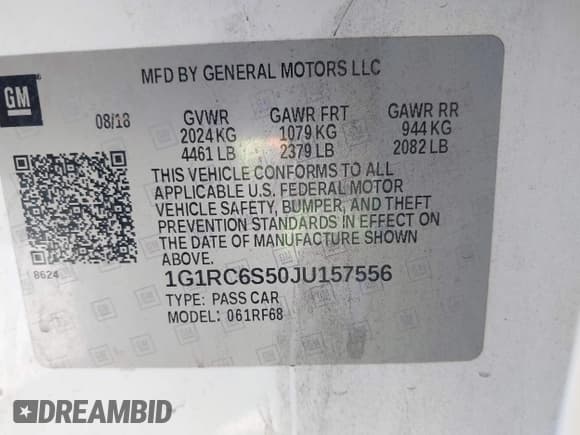 ✅ 2018 Chevrolet Volt LT • VIN: 1G1RC6S50JU157556 • Lot: 43136592. Listed on IAAI with 172,418 mi. Free auction sales archive from the USA and detailed vehicle history report at DreamBid. Image 9.