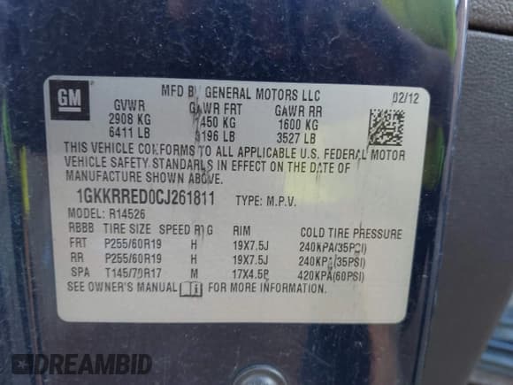 ✅ 2012 GMC Acadia SLT1 • VIN: 1GKKRRED0CJ261811 • Лот: 43818104. Опубликован ранее на IAAI с пробегом 181 409 миль. Бесплатный доступ к архиву аукционных продаж из США и подробный отчёт об истории автомобиля на DreamBid. Изображение 9.