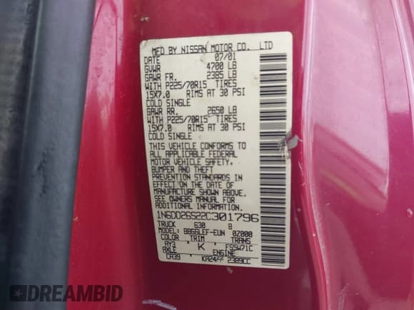 ✅ 2002 Nissan Frontier XE • VIN: 1N6DD26S22C301796 • Lot: 43385237. Listed on IAAI with Not provided. Free auction sales archive from the USA and detailed vehicle history report at DreamBid. Image 9.