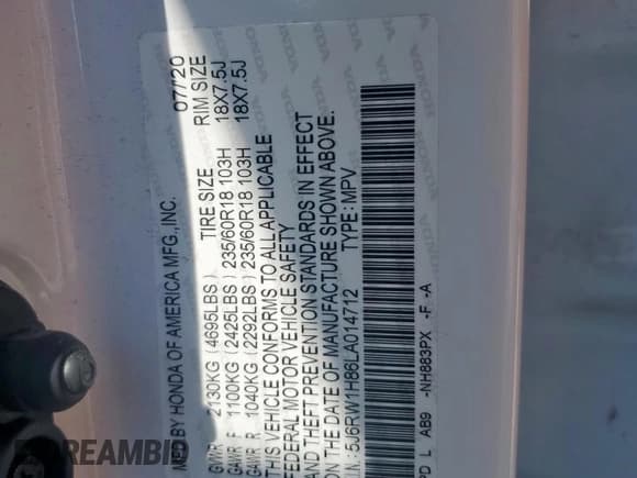 ✅ 2020 Honda CR-V EX-L • VIN: 5J6RW1H86LA014712 • Lot: 57831505. Listed on Copart with 35,935 mi. Free auction sales archive from the USA and detailed vehicle history report at DreamBid. Image 13.