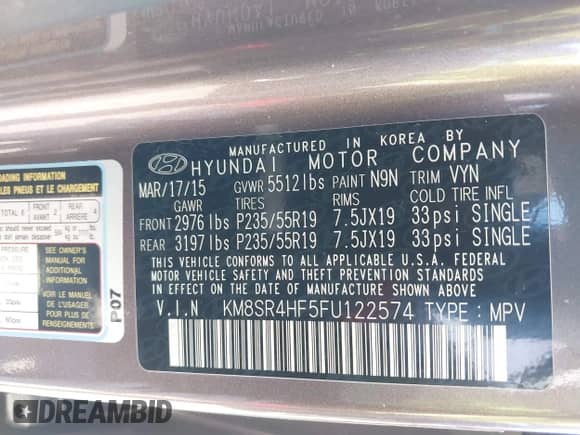 2015 Hyundai Santa Fe Limited with VIN KM8SR4HF5FU122574, listed as a IAAI auction lot 41633822 with 106,717 mi miles and . Bid and sale history available at DreamBid. Image 9.