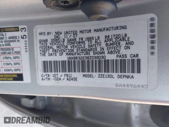 ✅ 2008 Toyota Corolla S • VIN: 1NXBR32E38Z039030 • Lot: 43427273. Wystawiony na IAAI z przebiegiem 223 559 mil. Bezpłatny archiwum sprzedaży aukcyjnych z USA i szczegółowy raport historii pojazdu na DreamBid. Zdjęcie 9.