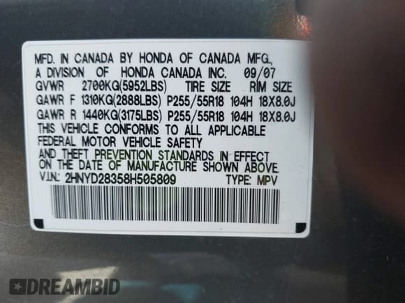 ✅ 2008 Acura MDX Technology • VIN: 2HNYD28358H505809 • Lot: 43031220. Listed on IAAI with 258,024 mi. Free auction sales archive from the USA and detailed vehicle history report at DreamBid. Image 9.