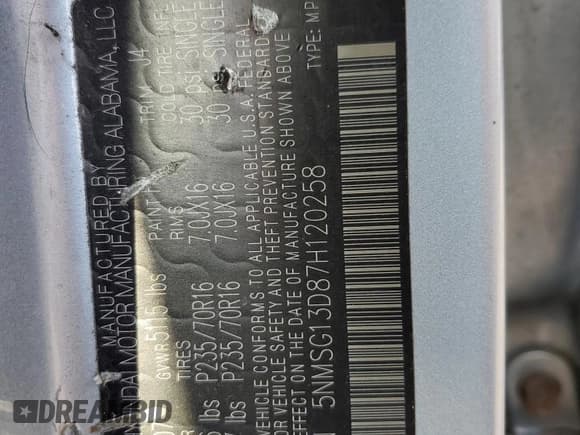 ✅ 2007 Hyundai Santa Fe GLS • VIN: 5NMSG13D87H120258 • Lot: 92414195. Listed on Copart with 148,731 mi. Free auction sales archive from the USA and detailed vehicle history report at DreamBid. Image 13.