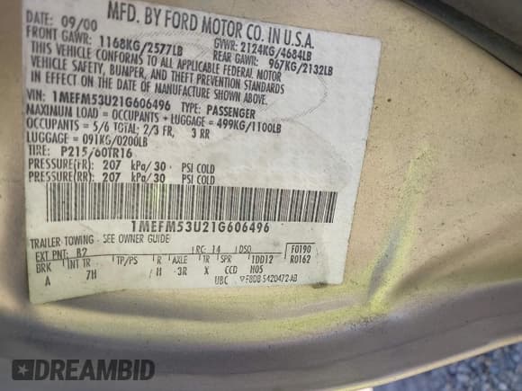 ✅ 2001 Mercury Sable LS • VIN: 1MEFM53U21G606496 • Lot: 41772052. Wystawiony na IAAI z przebiegiem 125 301 mil. Bezpłatny archiwum sprzedaży aukcyjnych z USA i szczegółowy raport historii pojazdu na DreamBid. Zdjęcie 9.