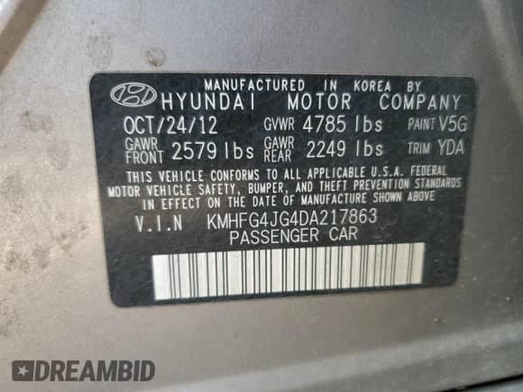 2013 Hyundai Azera z VIN KMHFG4JG4DA217863, wystawiony jako Copart lot #53840575 z przebiegiem Nie podano mil oraz Czysty tytuł • Clean title. Historia ofert i sprzedaży dostępna na DreamBid. Obrazek 12.