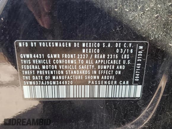 ✅ 2016 Volkswagen Jetta Hybrid SEL Premium • VIN: 3VW637AJ9GM344920 • Lot: 43806034. Listed on Copart with 38,109 mi. Free auction sales archive from the USA and detailed vehicle history report at DreamBid. Image 12.