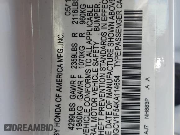 ✅ 2019 Honda Accord EX-L • VIN: 1HGCV1F54KA114654 • Lot: 82273215. Listed on Copart with 88,255 mi. Free auction sales archive from the USA and detailed vehicle history report at DreamBid. Image 12.