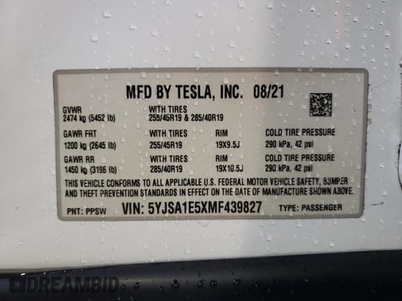 ✅ 2021 Tesla Model S Long Range • VIN: 5YJSA1E5XMF439827 • Lot: 56117755. Listed on Copart with Not provided. Free auction sales archive from the USA and detailed vehicle history report at DreamBid. Image 12.